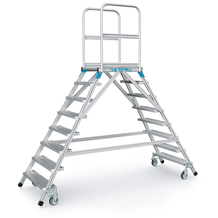 Zarges Treppenpodest Podestleiter fahrbar mit 2x8 Leichtmetall-Stufen - Anzahl Tritte: 8 Stk., Aluminium - Mobile Aluminium-Arbeitsplattform mit Doppelaufstieg, Oberdeck, Sicherheitsgeländern und Rollen.