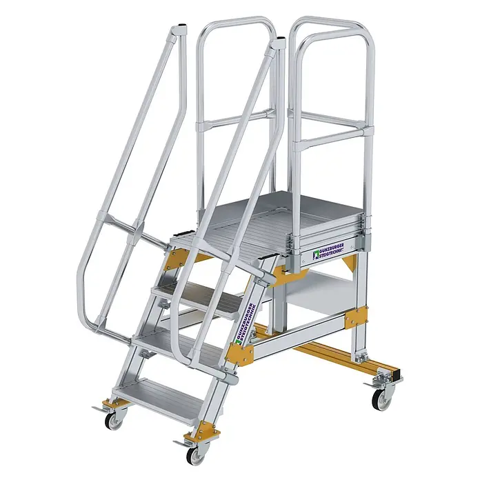 Munk Treppenpodest Plattformtreppe fahrbar 60° Stufenbreite 600mm 4 Stufen - Anzahl Tritte: 4 Stk., Aluminium - Mobile Aluminium-Arbeitsplattform mit mehreren Stufen, integrierten Handläufen und gelb akzentuiertem Rollfahrgestell.