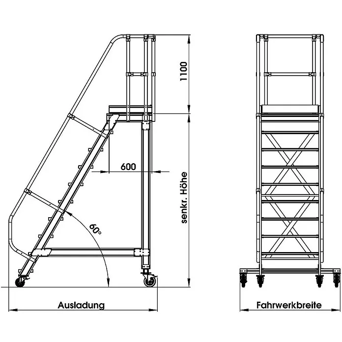Munk Treppenpodest Plattformtreppe fahrbar 60° Stufenbreite 1000mm 9 Stufen - Anzahl Tritte: 9 Stk., Aluminium - Technische Zeichnung mobiler Plattformtreppe mit Handläufen und Rollen, inkl. Maße.