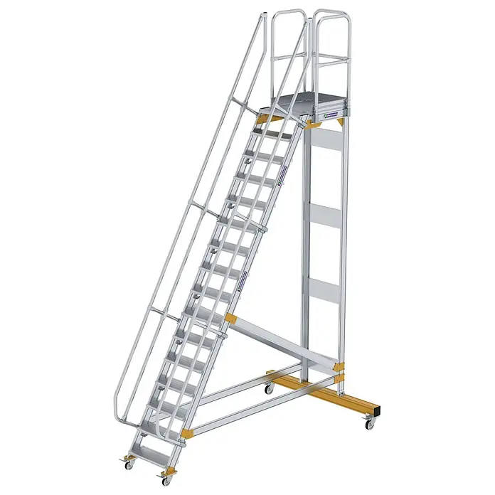 Munk Treppenpodest Plattformtreppe fahrbar 60° Stufenbreite 600mm 16 Stufen - Anzahl Tritte: 16 Stk., Aluminium - Mobile Aluminium-Arbeitsbühne mit Geländer und Rollen, mit gelben Akzenten.