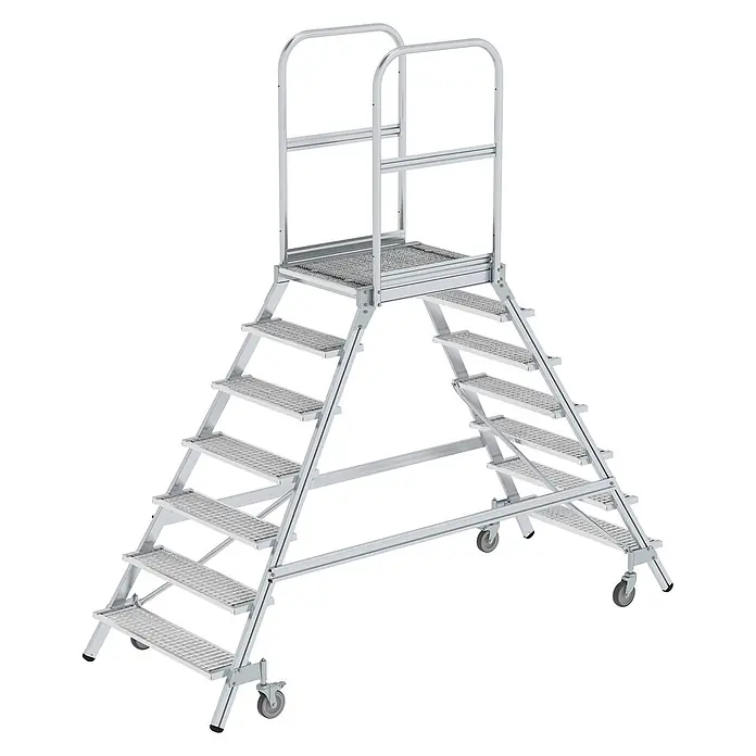 Munk Treppenpodest Podestleiter fahrbar Stahl-Gitterrost 2x7 Stufen - Anzahl Tritte: 7 Stk., Arbeitshöhe: 3.700 m, Aluminium - Mobile Arbeitsplattform aus silbernem Aluminium mit zwei Treppen, oberer Plattform, Geländern und Rollen.