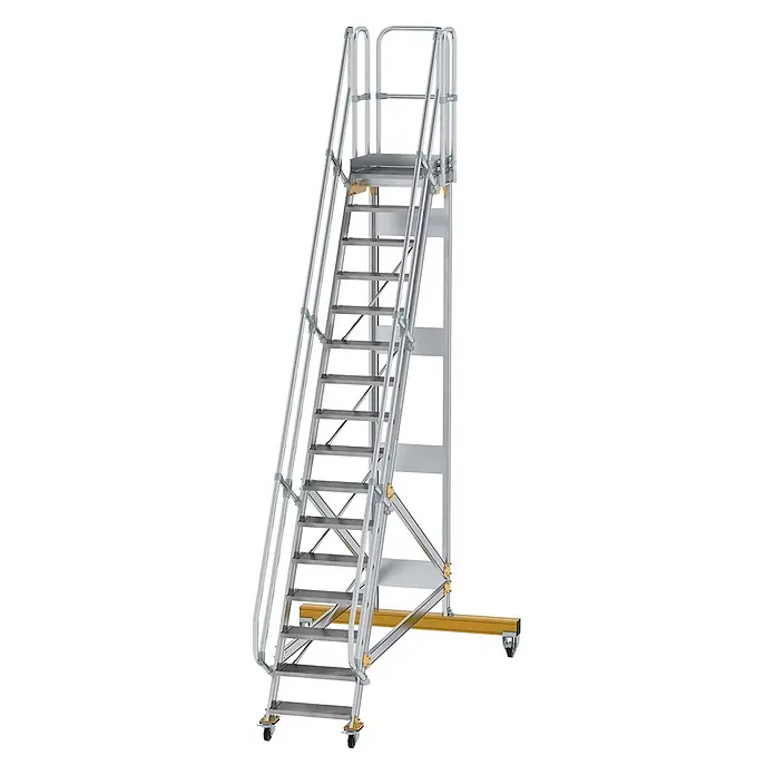 Munk Treppenpodest Plattformtreppe fahrbar 60° Stufenbreite 600mm 16 Stufen - Anzahl Tritte: 16 Stk., Aluminium - Mobile Aluminium-Arbeitsbühne mit breiten Stufen, Sicherheitsgeländern und fahrbarem Untergestell.