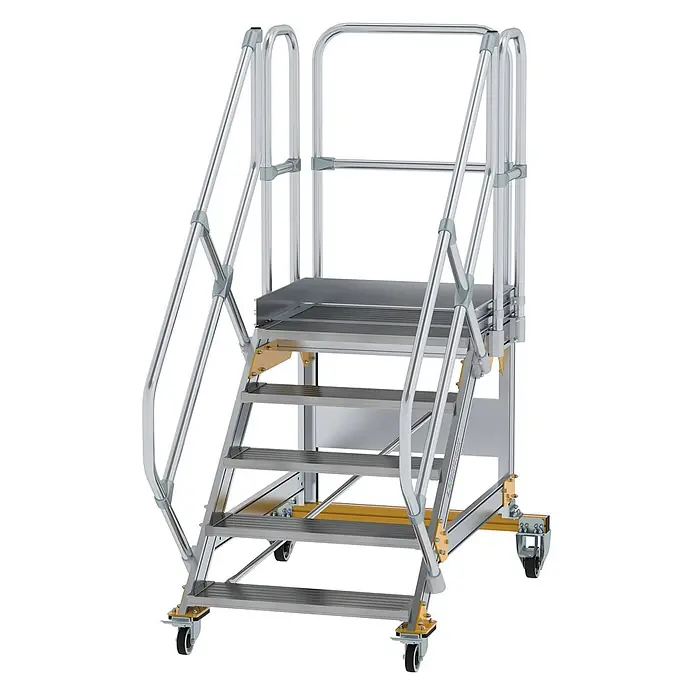 Munk Treppenpodest Plattformtreppe fahrbar 45° Stufenbreite 800mm 5 Stufen - Anzahl Tritte: 5 Stk., Aluminium - Mobile Arbeitsplattform aus silbernem Aluminium mit mehrstufiger Leiter, oberer Plattform, Handläufen und Rollen für den industriellen Einsatz.