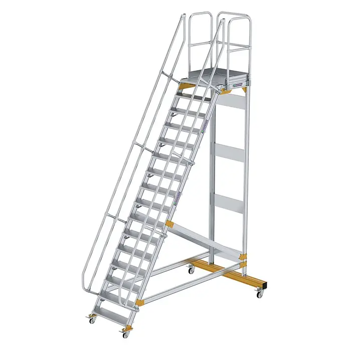 Munk Treppenpodest Plattformtreppe fahrbar 60° Stufenbreite 800mm 16 Stufen - Anzahl Tritte: 16 Stk., Aluminium - Mobile Aluminium-Industriesteigleiter mit Sicherheitsgeländern und Plattform, auf Rollen.