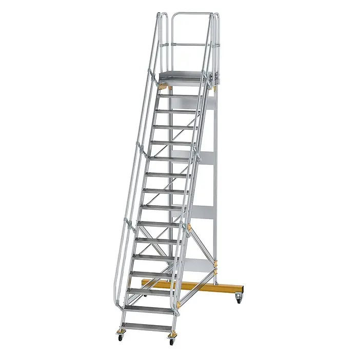 Munk Treppenpodest Plattformtreppe fahrbar 60° Stufenbreite 800mm 16 Stufen - Anzahl Tritte: 16 Stk., Aluminium - Mobile Arbeitsplattform aus Silber mit mehreren Stufen, Handläufen und gelbem Rollfuß.
