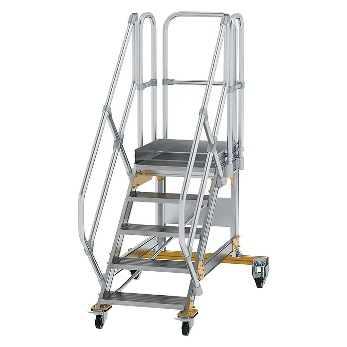 Munk Treppenpodest Plattformtreppe fahrbar 45° Stufenbreite 600mm 5 Stufen - Anzahl Tritte: 5 Stk., Aluminium - Mobile Aluminium-Arbeitsplattform mit Handläufen, breiten Stufen und Rollen für sicheren Höhenzugang.