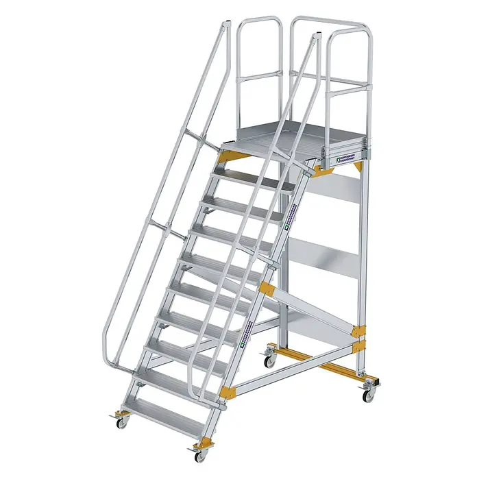 Munk Treppenpodest Plattformtreppe fahrbar 60° Stufenbreite 1000mm 10 Stufen - Anzahl Tritte: 10 Stk., Aluminium - Mobile Aluminium-Arbeitsplattform mit gelben Akzenten, rutschfesten Stufen, Handläufen und feststellbaren Rollen.