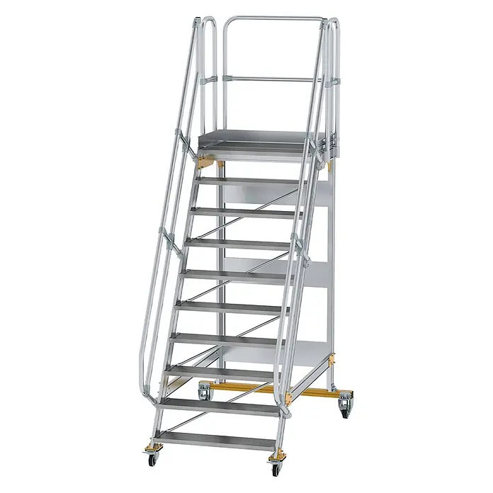 Munk Treppenpodest Plattformtreppe fahrbar 60° Stufenbreite 1000mm 10 Stufen - Anzahl Tritte: 10 Stk., Aluminium - Mobile Arbeitsplattform aus silbergrauem Aluminium mit rutschfesten Stufen, Geländern und Feststellrollen für sicheren, transportablen Hochzugang.