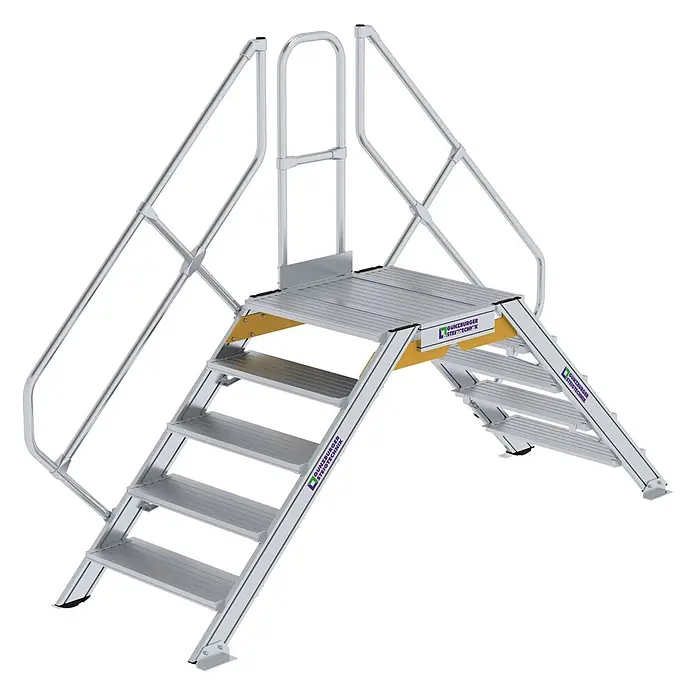 Munk Treppenpodest Überstieg 45° inkl. einen Handlauf, Stufenbreite 800mm, 2x5 Stufen -  - Silberne Aluminium-Überstiegsplattform mit Stufen und Handläufen auf beiden Seiten für sicheren Zugang.