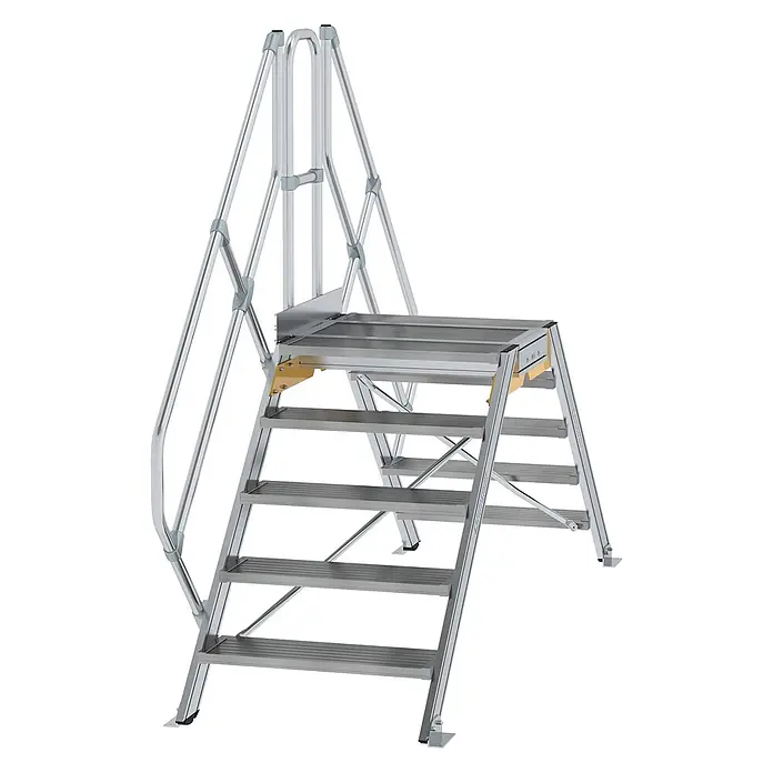 Munk Treppenpodest Überstieg 45° inkl. einen Handlauf, Stufenbreite 800mm, 2x5 Stufen -  - Silberne Aluminium-Zugangsplattform mit mehreren Stufen, Geländern und einer Zwischenebene.