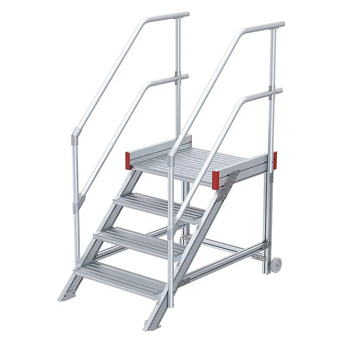 Euroline Treppenpodest 514 Anstieg 45° 800mm Stufenbreite 4 Stufen Alu gerieft - Anzahl Tritte: 4 Stk., Aluminium - Mobile Aluminium-Arbeitsplattform mit rutschfesten Stufen, Geländern und einer oberen Plattform für sicheren erhöhten Zugang.