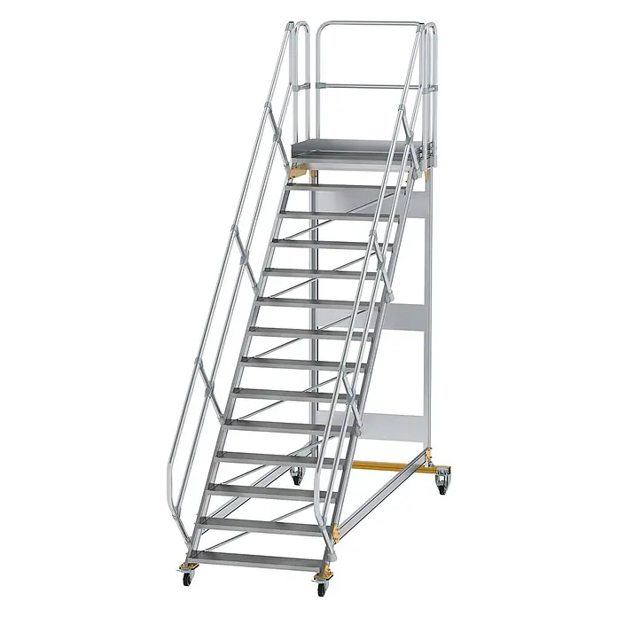 Munk Treppenpodest Plattformtreppe fahrbar 45° Stufenbreite 1000mm 14 Stufen - Anzahl Tritte: 14 Stk., Aluminium - Mobile Aluminium-Arbeitsplattform mit Sicherheitsgeländer, rutschfesten Stufen und Lenkrollen.
