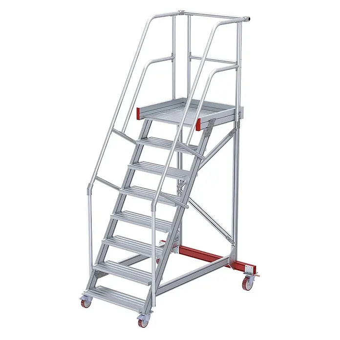 Euroline Treppenpodest 513 Wartungsbühne 60° 1000mm Stufenbreite 8 Stufen Alu gerieft - Anzahl Tritte: 8 Stk., Aluminium - Mobile Aluminium-Arbeitsplattform mit Treppe, Geländer und rot akzentuiertem Rollgestell für sicheren Zugang.