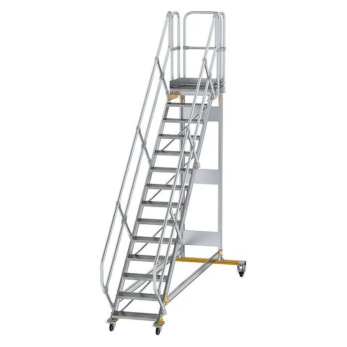 Munk Treppenpodest Plattformtreppe fahrbar 45° Stufenbreite 600mm 14 Stufen - Anzahl Tritte: 14 Stk., Aluminium - Mobile Aluminium-Zugangsplattform mit mehreren Stufen, Geländern und Feststellrollen für sicheren, tragbaren Zugang.