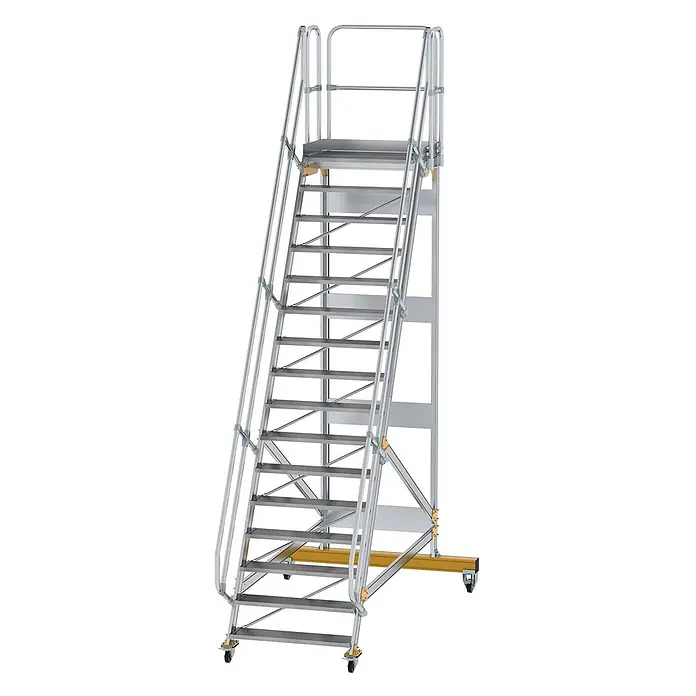 Munk Treppenpodest Plattformtreppe fahrbar 60° Stufenbreite 1000mm 16 Stufen - Anzahl Tritte: 16 Stk., Aluminium - Mobile Arbeitsbühne aus silbernem Aluminium mit gelbem Untergestell, mit Sicherheitsgeländern und Rollen für einfache Verschiebung.