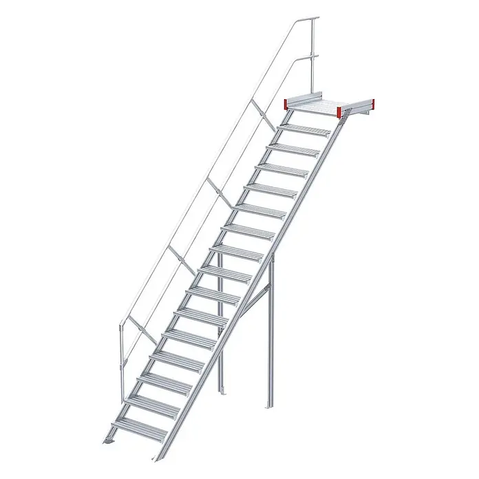 Euroline Treppenpodest 511 Podesttreppe 45° 600mm Stufenbreite 16 Stufen Alu gerieft -  - Modulare silberne Metalltreppe mit Geländer und oberer Plattform.
