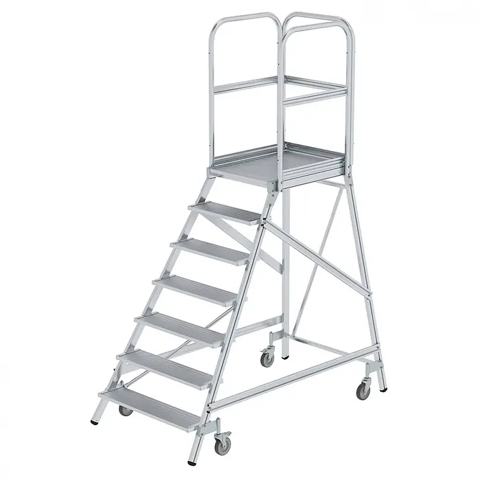 Munk Treppenpodest Podestleiter fahrbar Aluminium geriffelt 7 Stufen - Anzahl Tritte: 7 Stk., Arbeitshöhe: 3.700 m, Aluminium - Mobile Arbeitsplattform aus silbernem Aluminium mit mehreren Stufen, geräumiger Plattform und Sicherheitsgeländern, ausgestattet mit Rollen für leichte Bewegung.