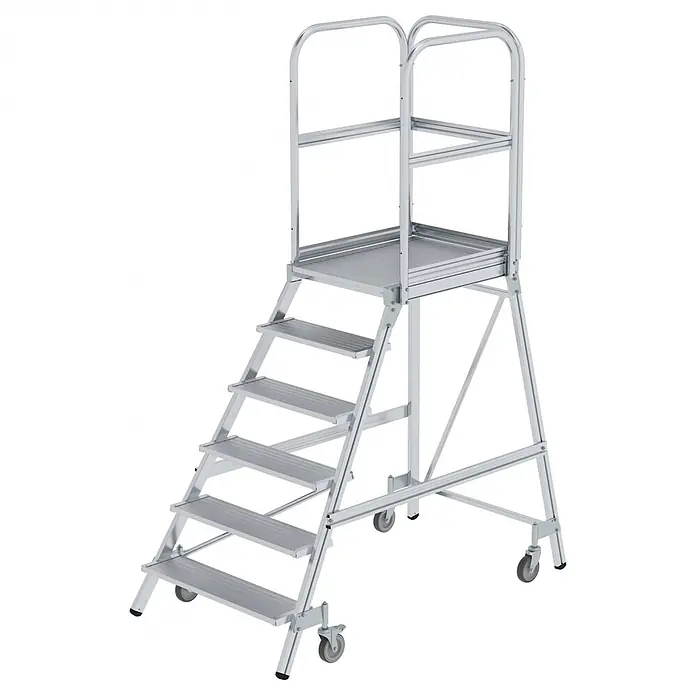 Munk Treppenpodest Podestleiter fahrbar Aluminium geriffelt 6 Stufen - Anzahl Tritte: 6 Stk., Arbeitshöhe: 3.500 m, Aluminium - Mobile Aluminium-Arbeitsplattform mit mehreren Stufen, einer oberen Plattform, Handläufen und Rollen für einfache Bewegung.