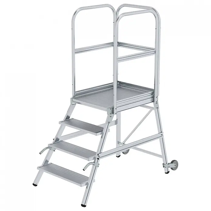 Munk Treppenpodest Podestleiter mit Rollen und Griff Aluminium geriffelt 4 Stufen - Anzahl Tritte: 4 Stk., Arbeitshöhe: 3.000 m, Aluminium - Mobile Arbeitsplattform aus silbernem Aluminium mit Treppen, Geländern und Transporträdern.