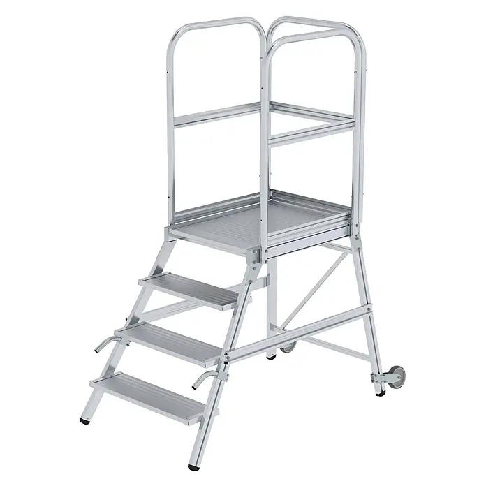 Munk Treppenpodest Podestleiter mit Rollen und Griff Aluminium geriffelt 4 Stufen - Anzahl Tritte: 4 Stk., Arbeitshöhe: 3.000 m, Aluminium - Mobile Arbeitsplattform aus silbernem Aluminium mit Stufen, Handläufen und Rollen.