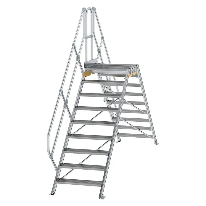Munk Treppenpodest Überstieg 45° inkl. einen Handlauf, Stufenbreite 800mm, 2x9 Stufen -  - Silberne Aluminium-Treppenplattform mit integrierten Handläufen und Sicherheitsgeländer für erhöhte Arbeitsbereiche.