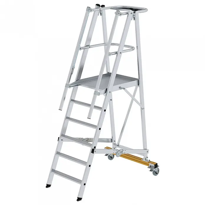 Munk Treppenpodest Podestleiter klappbar 6 Stufen - Anzahl Tritte: 6 Stk., Arbeitshöhe: 3.400 m, Aluminium - Silberne Aluminium-Podestleiter mit breiten Stufen, großer Arbeitsplattform und Rollen.