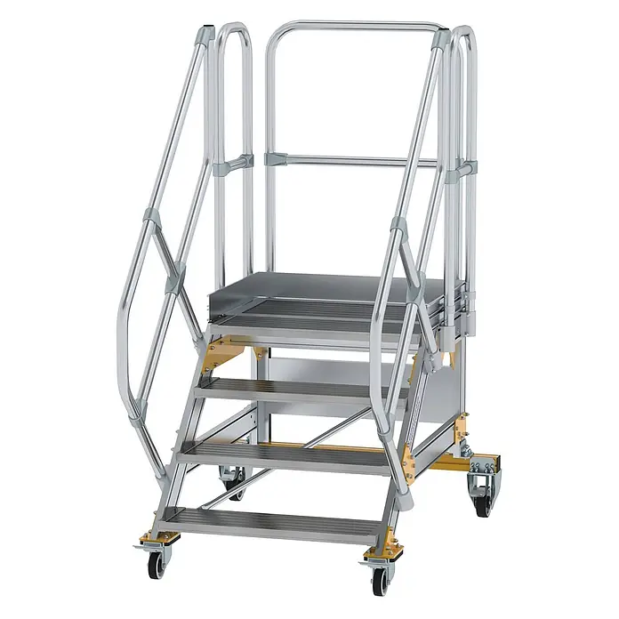 Munk Treppenpodest Plattformtreppe fahrbar 45° Stufenbreite 800mm 4 Stufen - Anzahl Tritte: 4 Stk., Aluminium - Mobile Aluminium-Arbeitsplattform mit vier Stufen, Sicherheitshandläufen und Rollen.