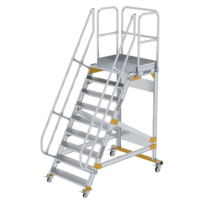 Munk Treppenpodest Plattformtreppe fahrbar 60° Stufenbreite 1000mm 9 Stufen - Anzahl Tritte: 9 Stk., Aluminium - Silberne mobile Aluminium-Arbeitsbühne mit rutschfesten Stufen, durchgehenden Handläufen und feststellbaren Lenkrollen für erhöhten Zugang.