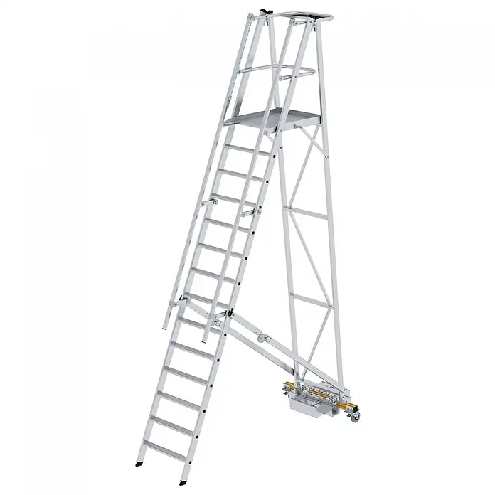 Munk Treppenpodest Podestleiter fahrbar mit schmaler Traverse 14 Stufen - Anzahl Tritte: 14 Stk., Arbeitshöhe: 5.250 m, Aluminium - Mobile Aluminium-Arbeitsbühne mit Sicherheitsleiter und Rädern.