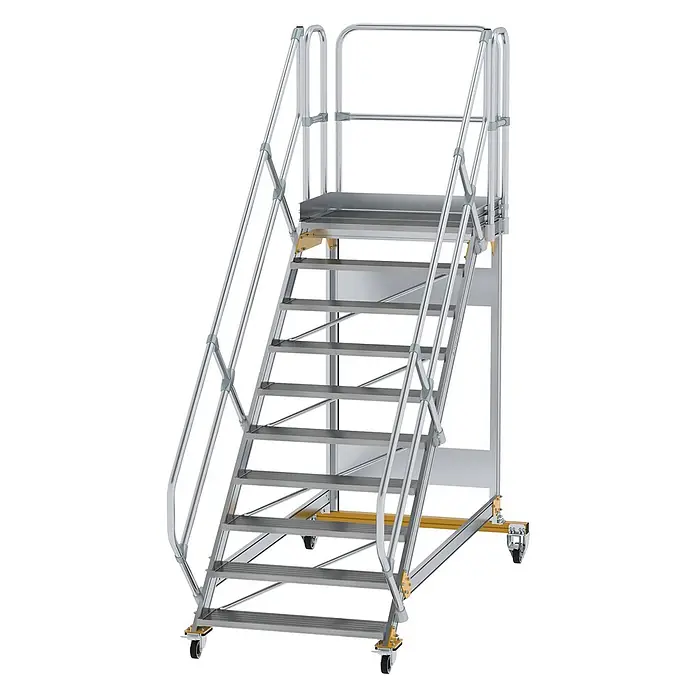 Munk Treppenpodest Plattformtreppe fahrbar 45° Stufenbreite 1000mm 10 Stufen - Anzahl Tritte: 10 Stk., Aluminium - Mobile Arbeitsbühne aus Aluminium mit Treppe, Geländern und Rollen für den einfachen Transport.