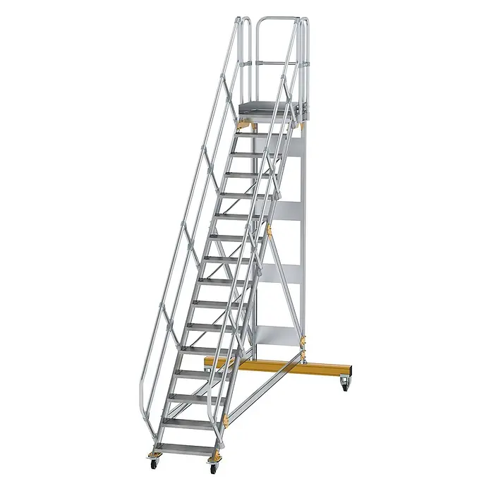 Munk Treppenpodest Plattformtreppe fahrbar 45° Stufenbreite 600mm 16 Stufen - Anzahl Tritte: 16 Stk., Aluminium - Mobile Zugangsleiter/Plattform aus silbernem Metall mit Geländern, oberer Plattform und gelbem Rollgestell.