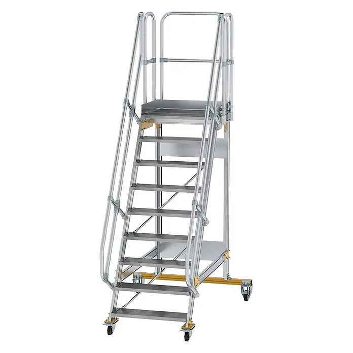 Munk Treppenpodest Plattformtreppe fahrbar 60° Stufenbreite 800mm 9 Stufen - Anzahl Tritte: 9 Stk., Aluminium - Mobile Arbeitsplattform aus silbergrauem Aluminium mit Treppe, Handläufen und Rollen.