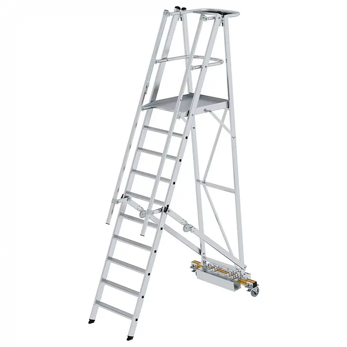 Munk Treppenpodest Podestleiter fahrbar mit schmaler Traverse 10 Stufen - Anzahl Tritte: 10 Stk., Arbeitshöhe: 4.300 m, Aluminium - Tragbare silberne Aluminium-Plattformleiter mit breiten Stufen, stabiler Arbeitsplattform und Rollen für einfachen Transport.