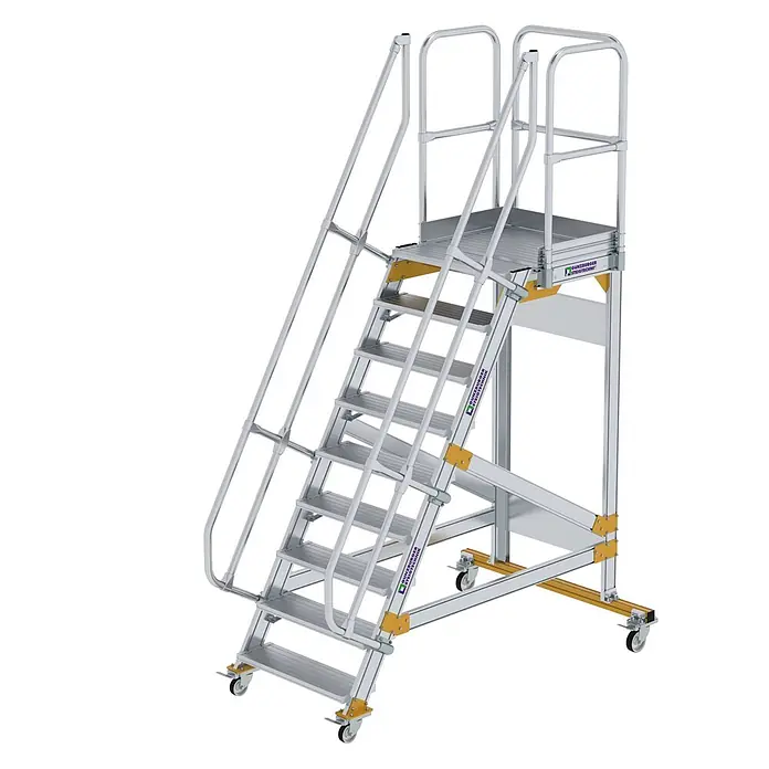 Munk Treppenpodest Plattformtreppe fahrbar 60° Stufenbreite 800mm 9 Stufen - Anzahl Tritte: 9 Stk., Aluminium - Mobile Aluminium-Arbeitsbühne mit Treppe, Geländern und Rollen für erhöhten Zugang.