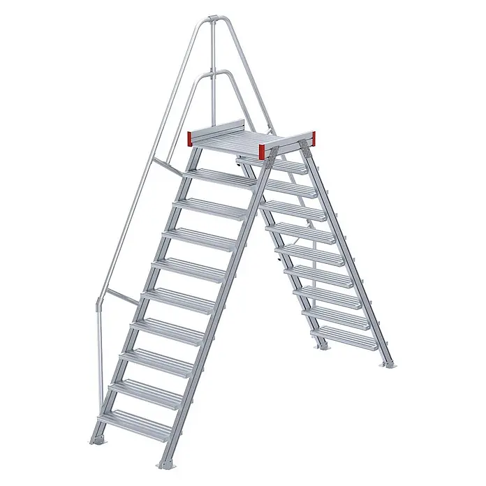 Euroline Treppenpodest 512 Überstieg 60° 1000mm Stufenbreite 2x10 Stufen Stahl Gitterrost -  - Silberne Aluminium-Industrie-Überstiegsplattform mit Stufen auf beiden Seiten und Handläufen für sicheren Zugang.