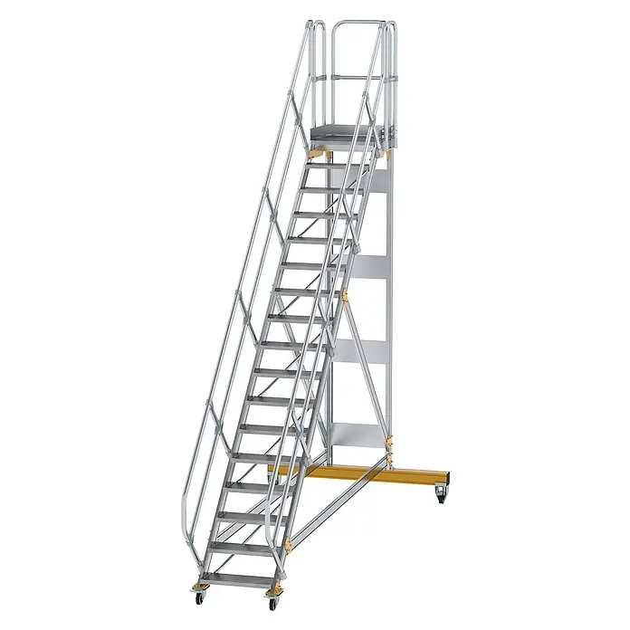Munk Treppenpodest Plattformtreppe fahrbar 45° Stufenbreite 600mm 17 Stufen - Anzahl Tritte: 17 Stk., Aluminium - Mobile Aluminium-Zugangsplattform mit Handläufen, breiten Stufen und Rollen für den industriellen Einsatz.