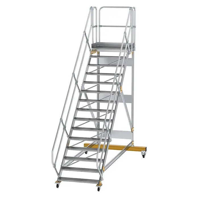 Munk Treppenpodest Plattformtreppe fahrbar 45° Stufenbreite 1000mm 15 Stufen - Anzahl Tritte: 15 Stk., Aluminium - Mobile Aluminium-Arbeitsplattform mit Treppe, Sicherheitsgeländer und Rollen, in Silber mit gelbem Untergestell.