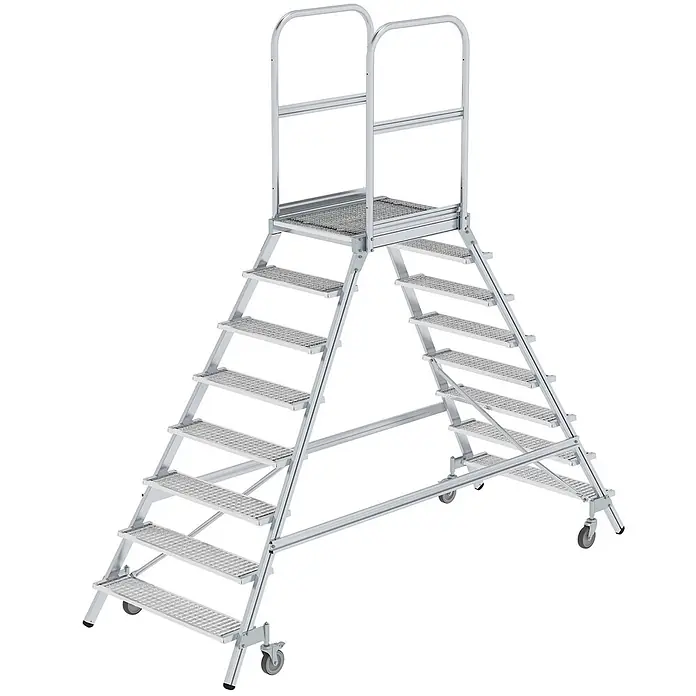 Munk Treppenpodest Podestleiter fahrbar Stahl-Gitterrost 2x8 Stufen - Anzahl Tritte: 8 Stk., Arbeitshöhe: 3.900 m, Aluminium - Mobile Aluminium-Arbeitsplattform mit zwei Treppen, Lochblechstufen, Handläufen und Rollen.