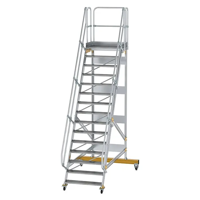 Munk Treppenpodest Plattformtreppe fahrbar 60° Stufenbreite 1000mm 15 Stufen - Anzahl Tritte: 15 Stk., Aluminium - Mobile Aluminium-Industriearbeitsplattform mit Treppe und Geländer.