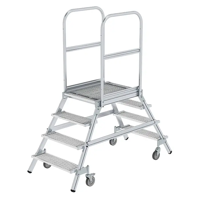 Munk Treppenpodest Podestleiter fahrbar Stahl-Gitterrost 2x4 Stufen - Anzahl Tritte: 4 Stk., Arbeitshöhe: 3 m, Aluminium - Mobile Aluminium-Arbeitsplattform mit Gitterroststufen, Handläufen und Rollen.