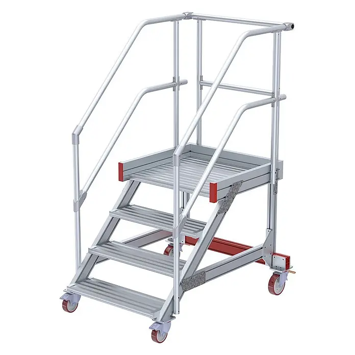 Euroline Treppenpodest 513 Wartungsbühne 45° 1000mm Stufenbreite 4 Stufen Alu gerieft - Anzahl Tritte: 4 Stk., Aluminium - Mobile Alu-Sicherheits-Stehleiter mit Plattform und Handläufen, mit roten Akzenten und Rollen.