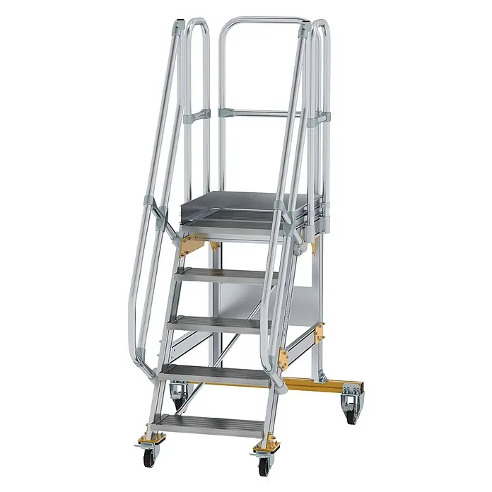 Munk Treppenpodest Plattformtreppe fahrbar 60° Stufenbreite 600mm 5 Stufen - Anzahl Tritte: 5 Stk., Aluminium - Mobile Aluminium-Arbeitsplattform mit Handläufen, Sicherheitstritten, gelben Stützen und Lenkrollen.