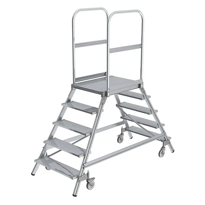 Munk Treppenpodest Podestleiter fahrbar Aluminium geriffelt 2x5 Stufen - Anzahl Tritte: 5 Stk., Arbeitshöhe: 3.200 m, Aluminium - Mobile Aluminium-Arbeitsplattform mit mehreren Stufen, Handläufen und Rollen.