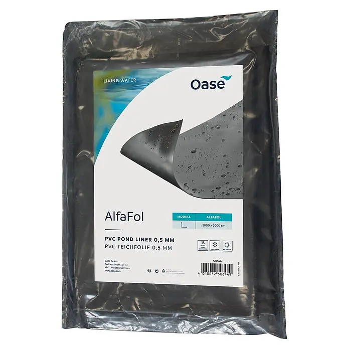 Oase Teichfolie AlfaFol - 8 m x 6 m x 0,5 mm, Regeneratfrei - Oase AlfaFol PVC Teichfolie, 0,5 mm, in schwarzer Verpackung mit Etikett, Maße 2000x3000 cm.