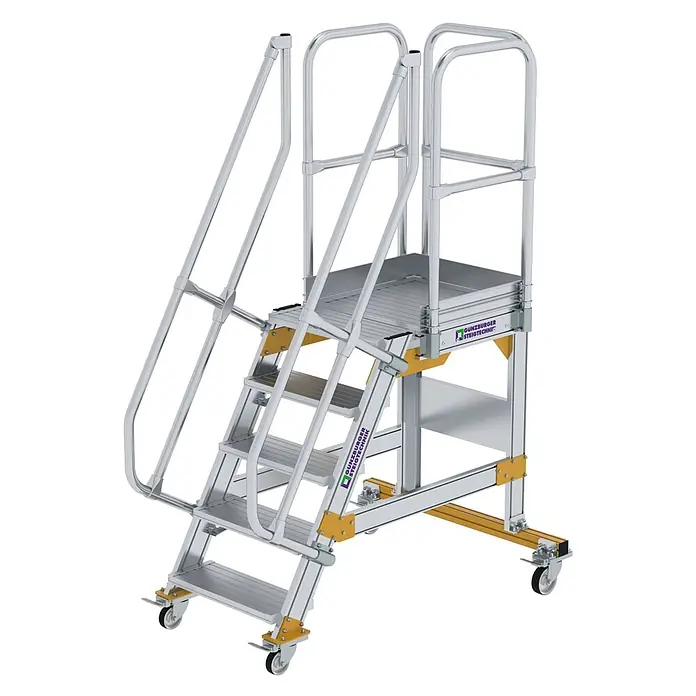Munk Treppenpodest Plattformtreppe fahrbar 60° Stufenbreite 600mm 5 Stufen - Anzahl Tritte: 5 Stk., Aluminium - Mobile Arbeitsplattform aus Aluminium mit Handläufen, Stufen, gelben Akzenten und Lenkrollen.