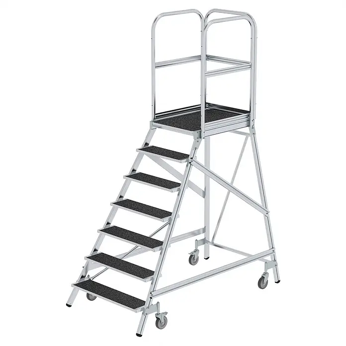 Munk Treppenpodest Podestleiter fahrbar R13 Korund 7 Stufen - Anzahl Tritte: 7 Stk., Arbeitshöhe: 3.700 m, Aluminium - Mobile Aluminium-Arbeitsplattform mit rutschfesten Stufen, Sicherheitsgeländern und Rollen.