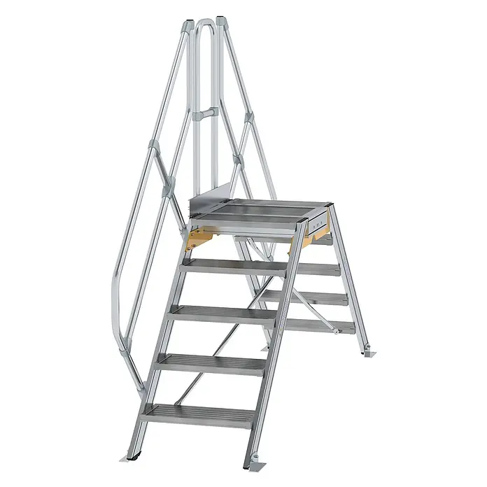 Munk Treppenpodest Überstieg 45° inkl. einen Handlauf, Stufenbreite 600mm, 2x5 Stufen -  - Silberfarbene Aluminium-Zugangsplattform mit rutschfesten Stufen und Sicherheitsgeländern.