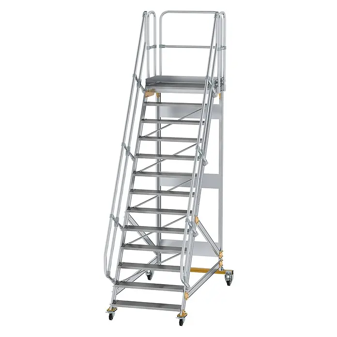 Munk Treppenpodest Plattformtreppe fahrbar 60° Stufenbreite 1000mm 13 Stufen - Anzahl Tritte: 13 Stk., Aluminium - Silber-graue mobile Aluminium-Arbeitsplattform mit mehreren Stufen, Handläufen, einer oberen Plattform und Rollen für leichte Bewegung.