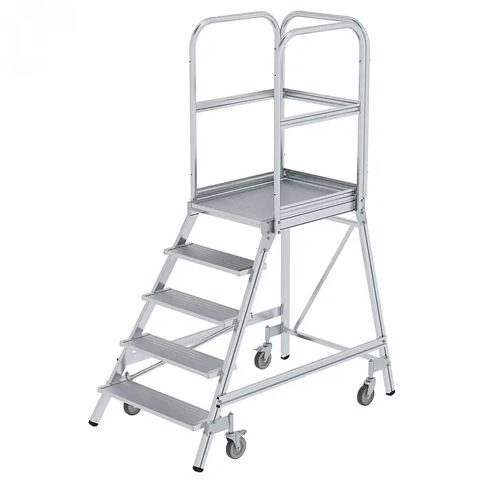 Munk Treppenpodest Podestleiter fahrbar Aluminium geriffelt 5 Stufen - Anzahl Tritte: 5 Stk., Arbeitshöhe: 3.200 m, Aluminium - Mobile Arbeitsplattform aus silbernem Aluminium mit mehreren Stufen, oberer Plattform, Sicherheitsgeländern und feststellbaren Rollen.