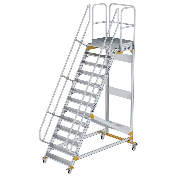 Munk Treppenpodest Plattformtreppe fahrbar 60° Stufenbreite 1000mm 13 Stufen - Anzahl Tritte: 13 Stk., Aluminium - Mobile Aluminium-Arbeitsplattform mit schräger Treppe, Geländern und Rollen für einfache Positionierung.